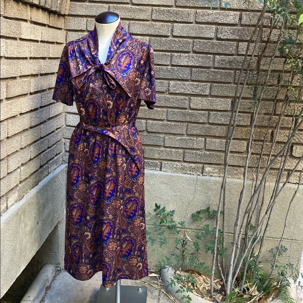 Vintage Paisley Print Midi Secretary Dress W/ Pussybow Tie